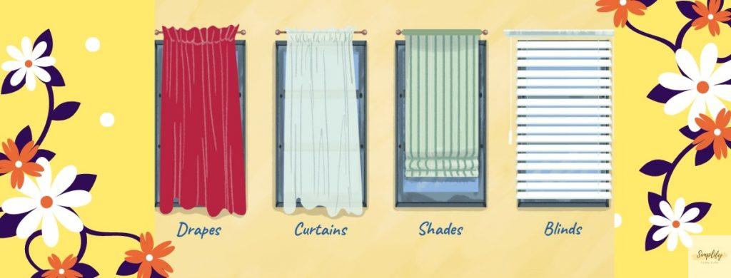 Sự khác biệt giữa curtains, drapes, shades và blinds.